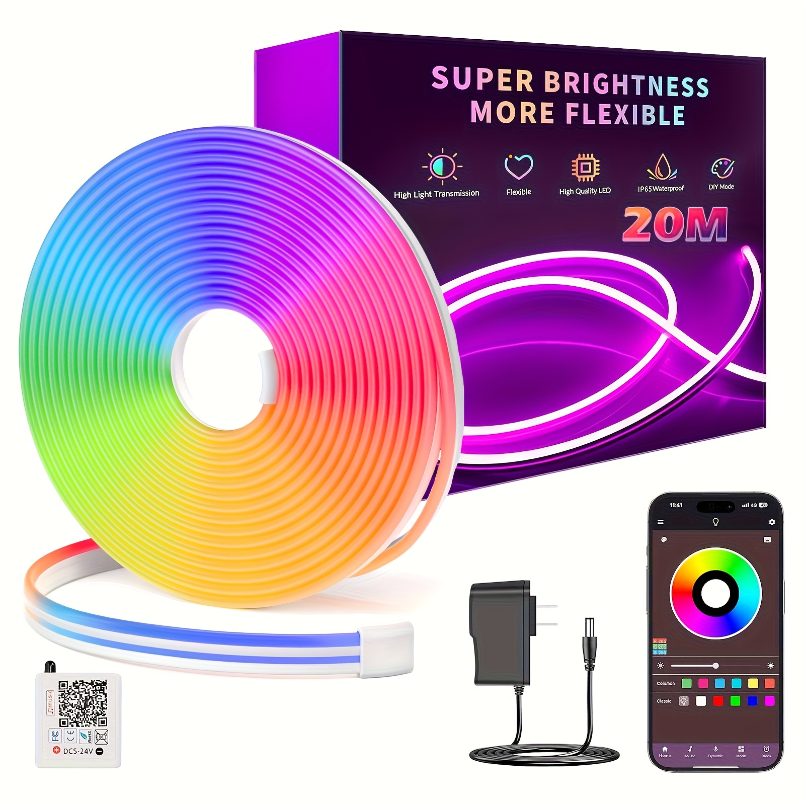 TEMU Led Neon Strip Lights 66ft, App Voice Control Works, Rgbic Color Changing Rope Light, Ip65 Waterproof For Indoor Outdoor Party, Bedroom, Kitchen