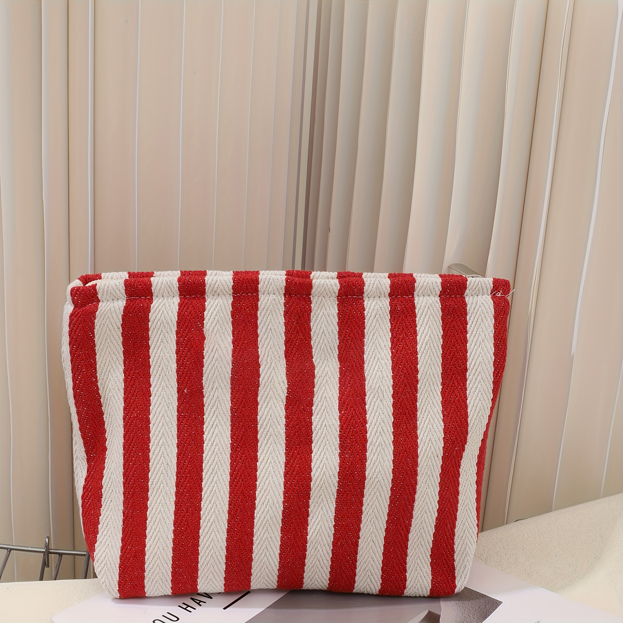 TEMU 1pc Personalized Bridesmaid Gift - Custom Name Canvas Makeup Bag, Striped Cosmetic Pouch With Zipper Closure, Foldable Lightweight Toiletry Case