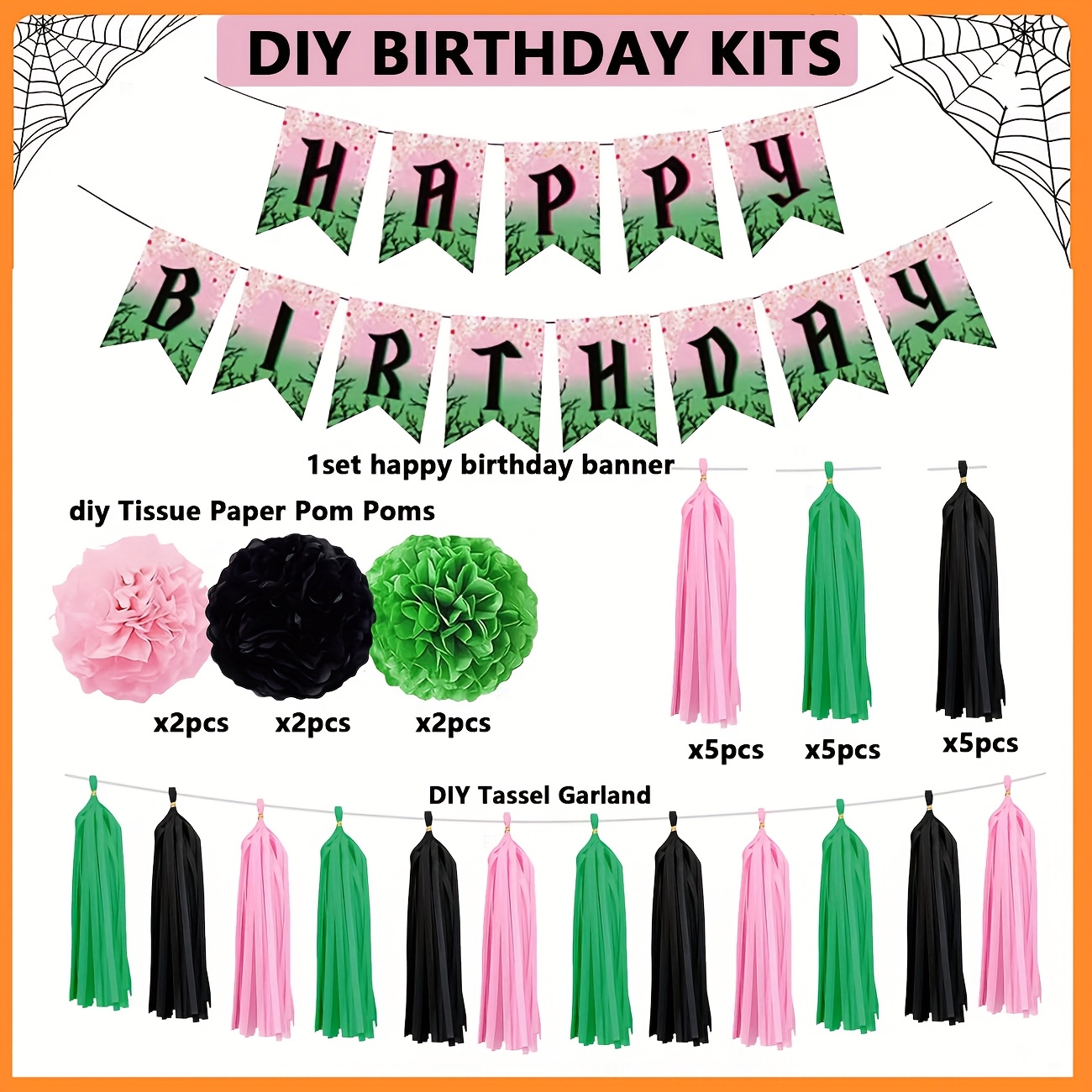 Birthday Party Decorations Set - Pink Green Birthday Banner With Tissue Pom Poms And Tassel Garland For Princess Themed Birthday Supplies For Christmas,newyear,valentine,party Events