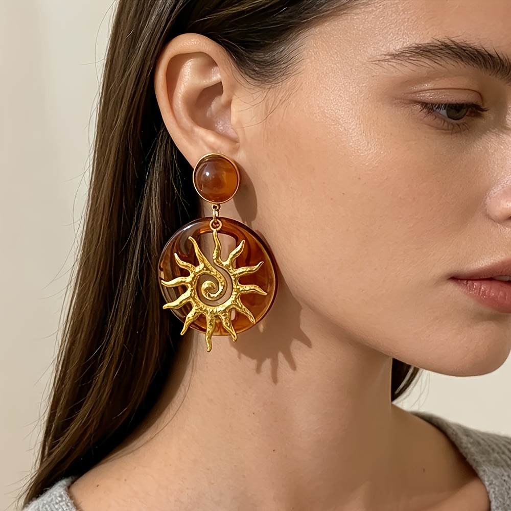 Vintage Amber Pendant Earrings, Women's Bohemian Sunflower Design
