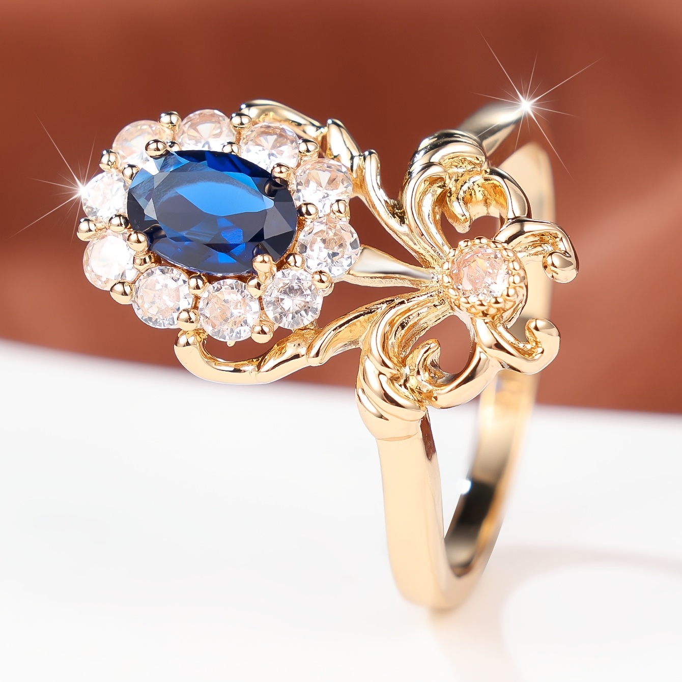 Women's Blue Synthetic Zirconia Flower Ring, Elegant