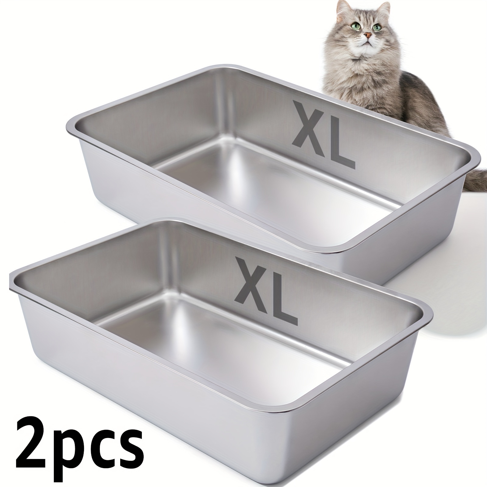 TEMU Stainless Steel Cat Litter Box, 6" Deep Stainless Steel Extra Large Cat Litter Box, Xl Metal Litter Box For Big Cats, Easy To Clean, Large Cat Litter Box, 6" High Side Cat Litter Box