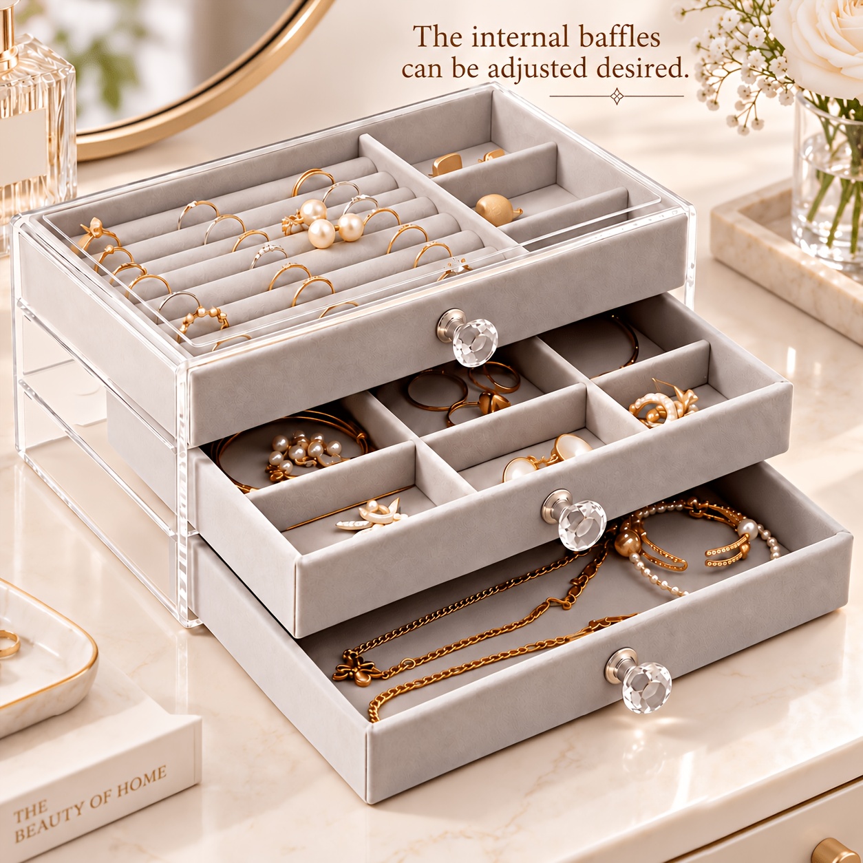 TEMU Acrylic Jewelry Storage Box With Drawer - Single Piece, Designed For Earrings, Rings, And Necklaces, Faux Leather Lining, , Large Capacity Gift
