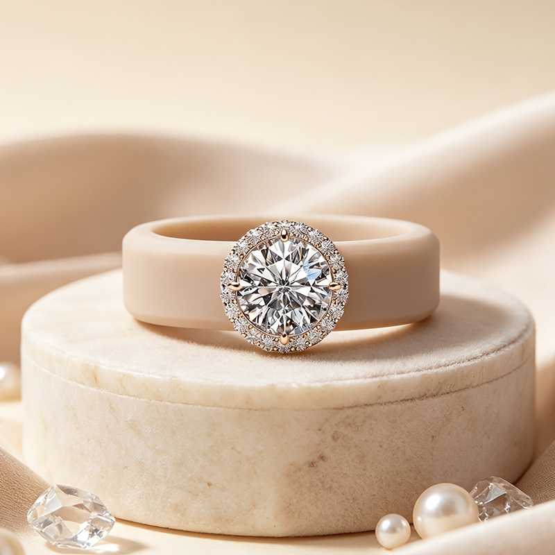 Light Luxury Silicone Ring Holder with Halo Pave Round Main Stone
