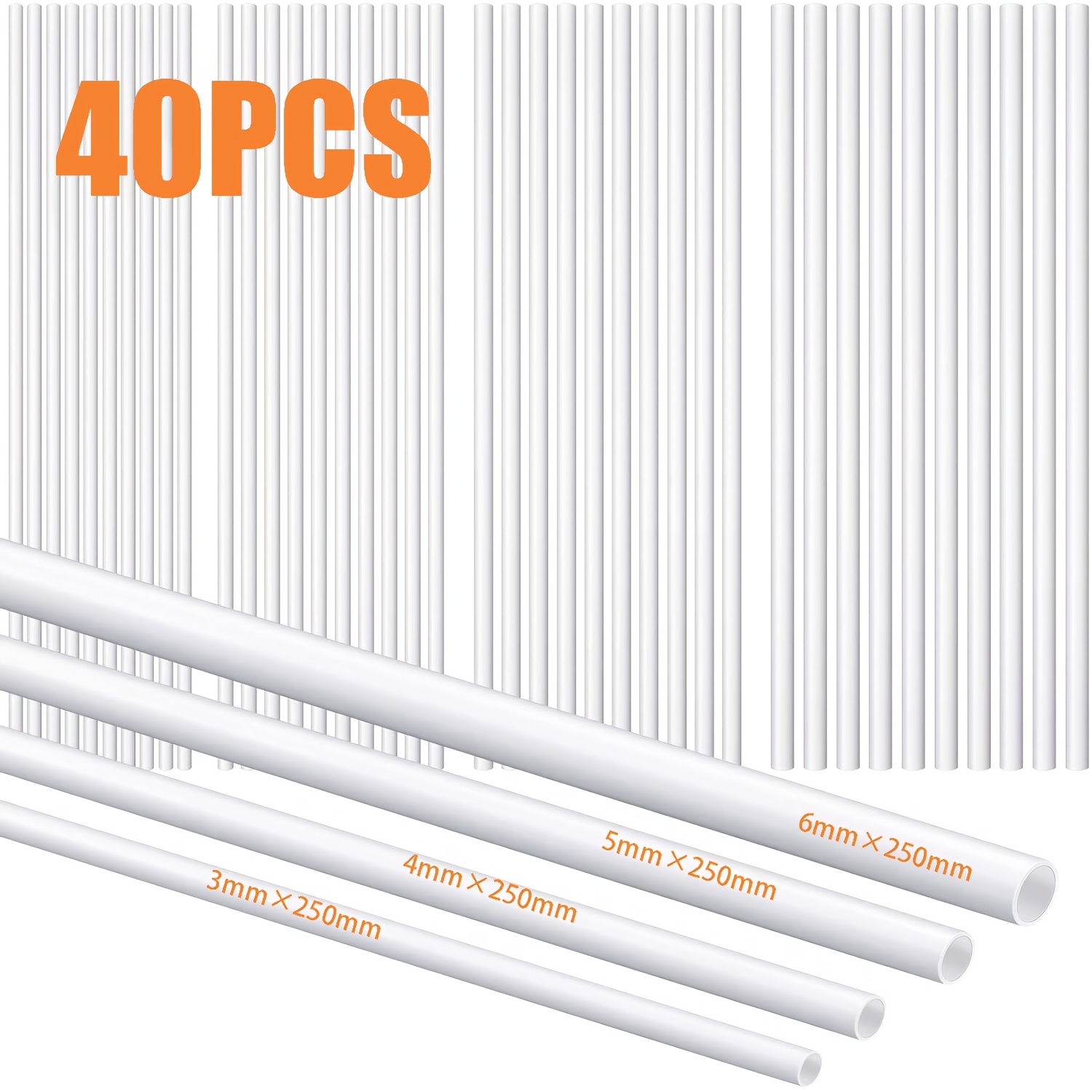 TEMU Set da 40 pezzi, 4 misure di tubi rotondi (quadri) in plastica ABS, barre (quadre) cieche bianche da 3/4/5/6 mm, barre in plastica ABS, adatte