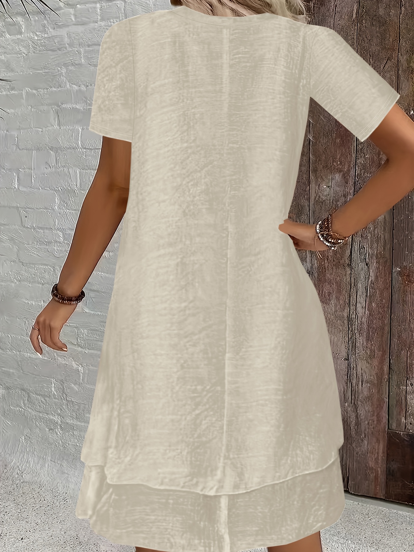 and summer short sleeve v neck womens casual loose fashion elegant commuting vacation solid color double layer cake skirt dress
