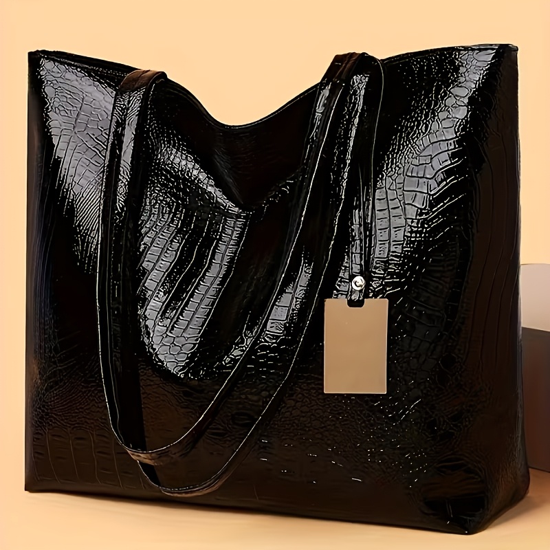TEMU Women's Handbag, Fashionable Retro Solid Color Crocodile Pattern Shoulder Bag, Large Capacity Multifunctional Portable Shopping Bag, Ideal For