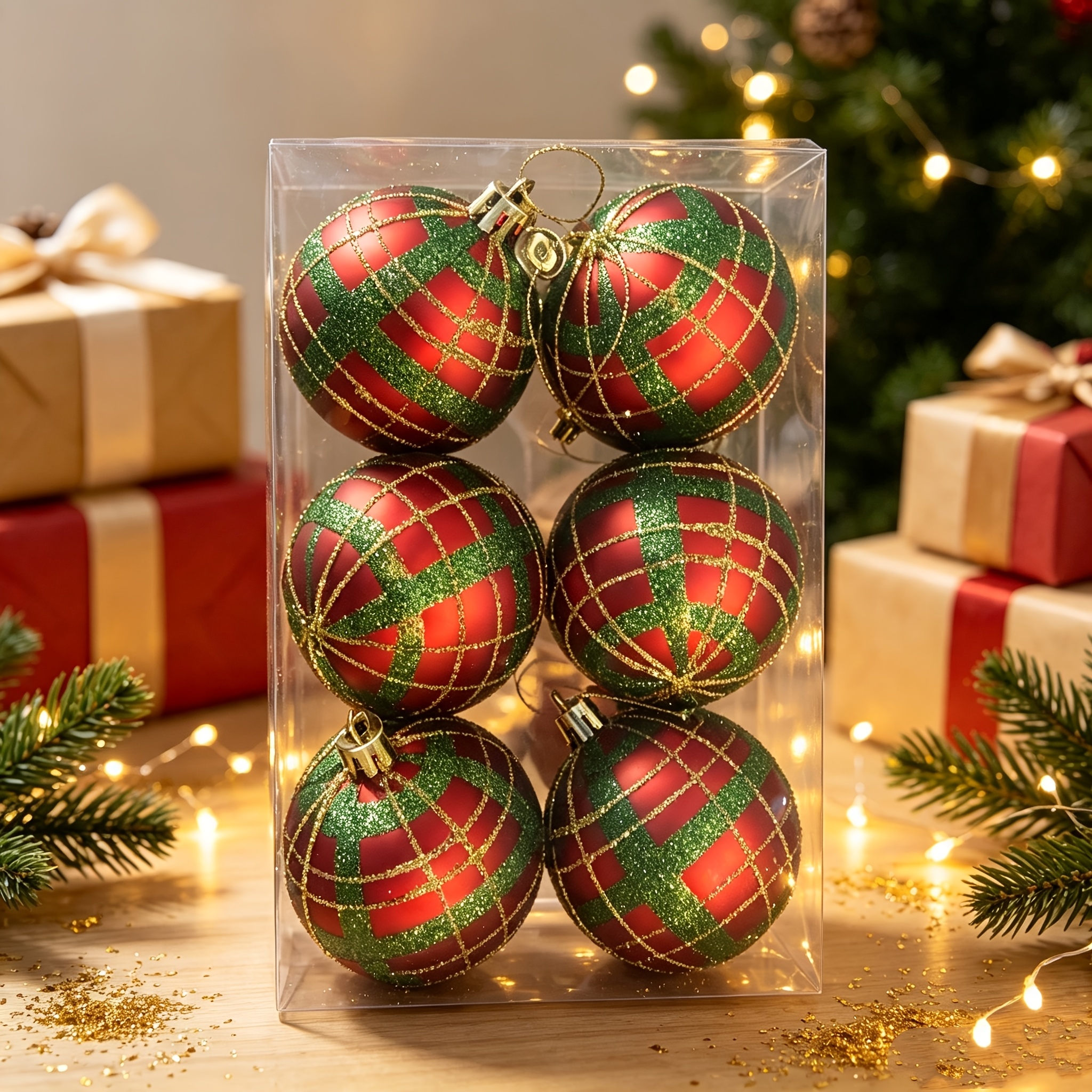 TEMU Vintage Red Green Checkered Christmas Ball Decoration, Sparkling Golden Checkered Pattern Hanging Ball, Holiday Christmas Decoration Ball With
