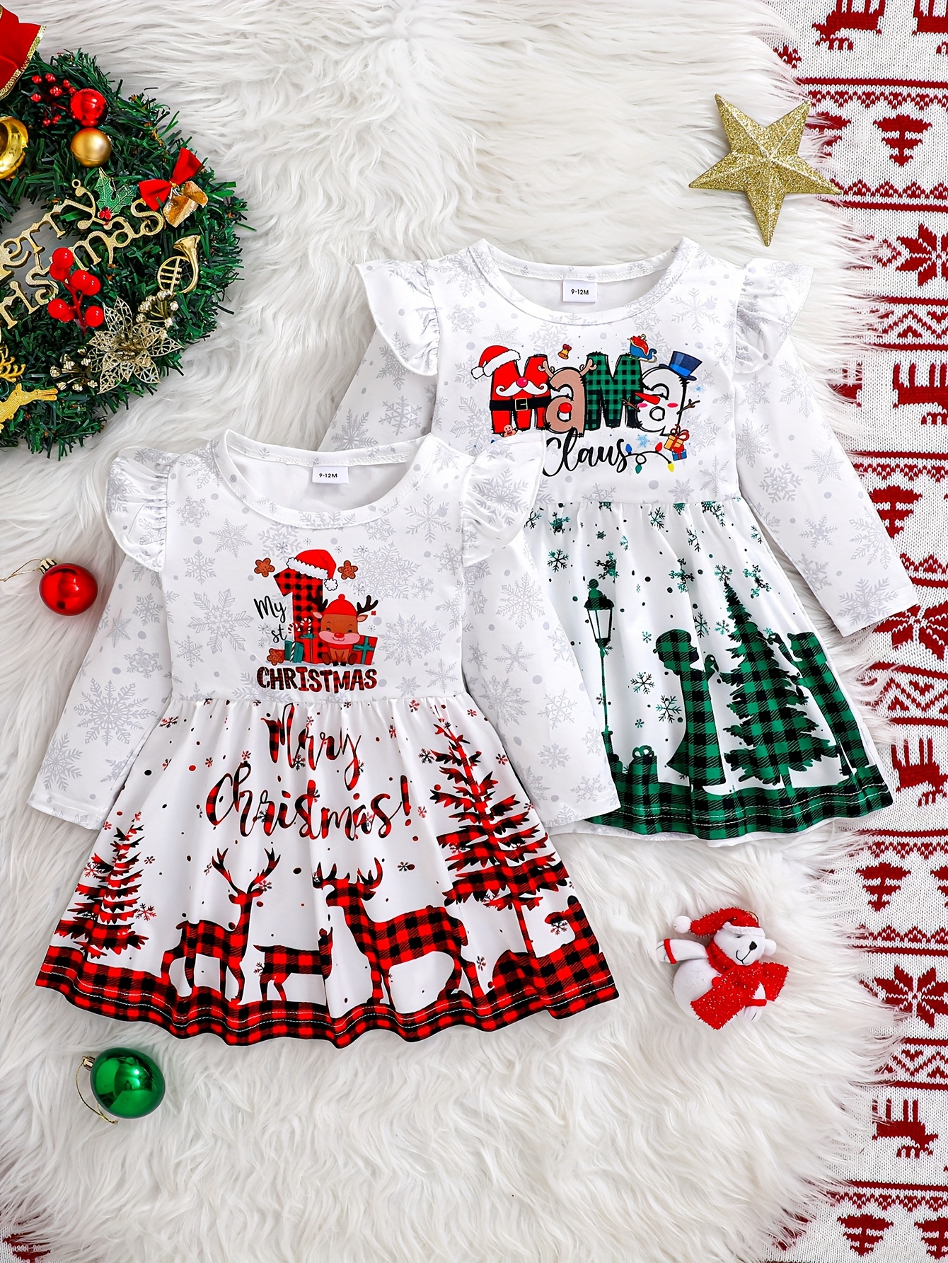 2-delige Meisjes Kerstjurk Set - Wit & Rood/Groen Geruit Outfit met Gerimpelde Mouwen &, Zacht Rekbaar Stof (Wasbaar in de Machine)