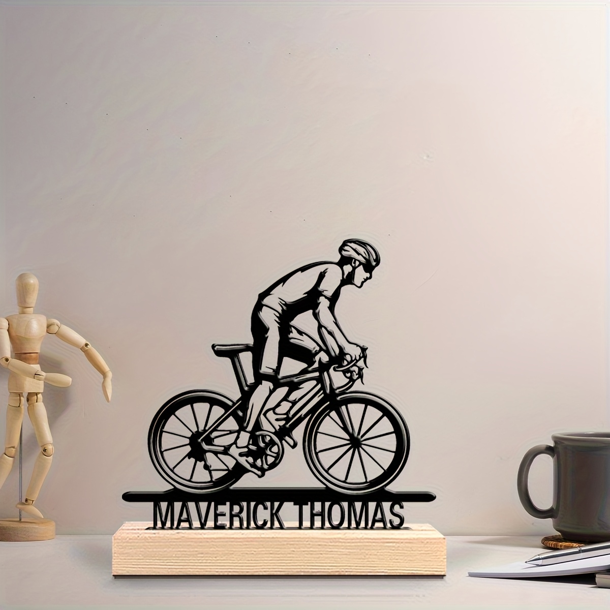 TEMU 1 pieza de escultura de bicicleta de metal personalizable con base de madera - vintage de hierro para el hogar, decoración vintage para