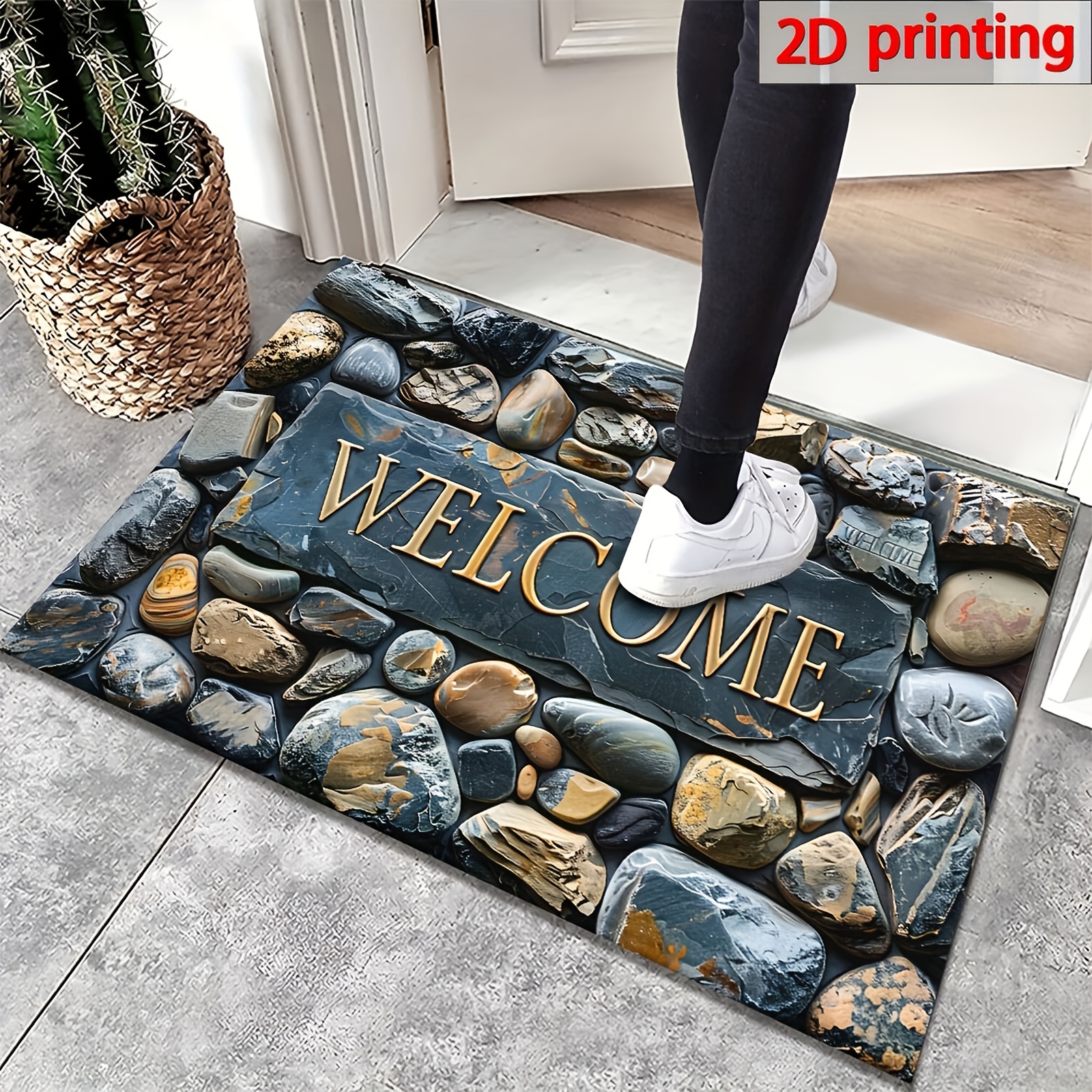 E-shop 2D . Elegante Fußmatte mit "Willkommen"--Design - 6 mm dicker, rechteckiger Teppich, Steinmuster - Rutschfest, maschinenwaschbarer Teppich,