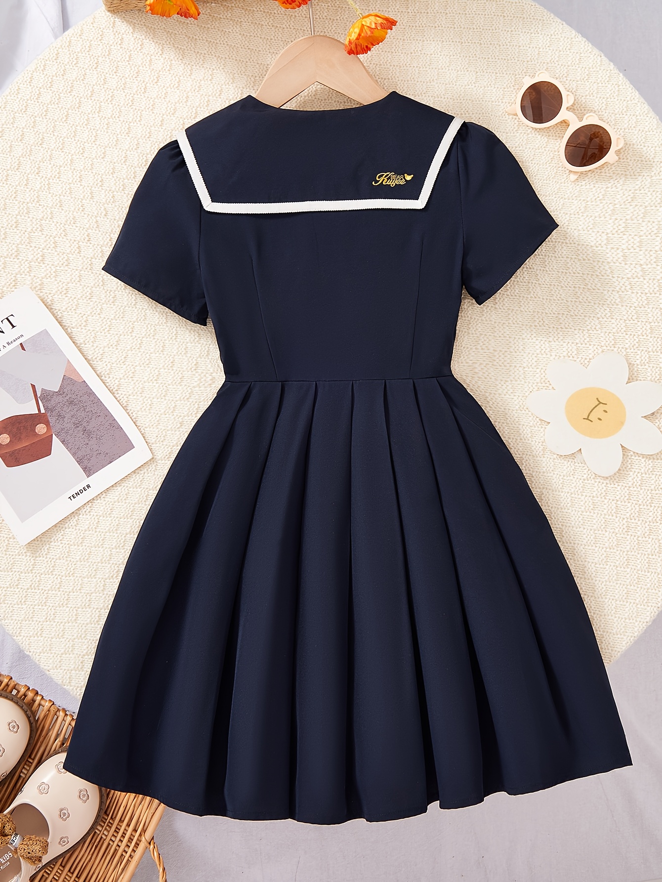 girls dress summer new embroidered navy collar a - Temu