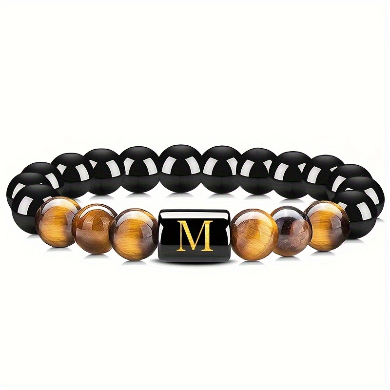 Image of 1pc Fashion 26pcs Letter Beads A-z Valentine's Day Couple Bracelet Tiger Eye Stone Bracelet 8mm Obsidian Bead Splicing Elastic Rope Bracelet Men Women Jewelry Couple Bangle