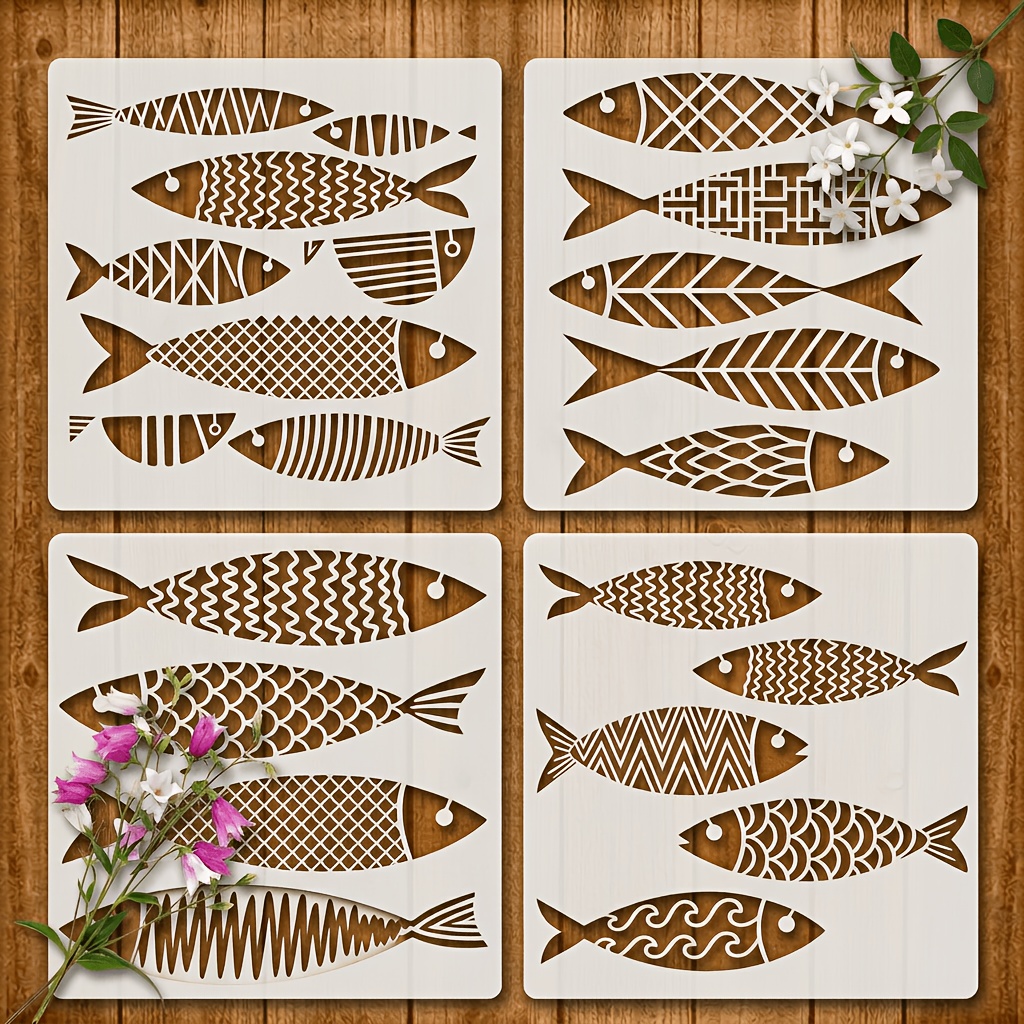 Image of 4pcs Reusable Fish Stencils 8x8 Inch Suitable For Diy Crafts, Sea Life Templates With Shapes For Nautical Wall Art, Room Decor, Furniture Painting, Themed Parties - Transfer For &