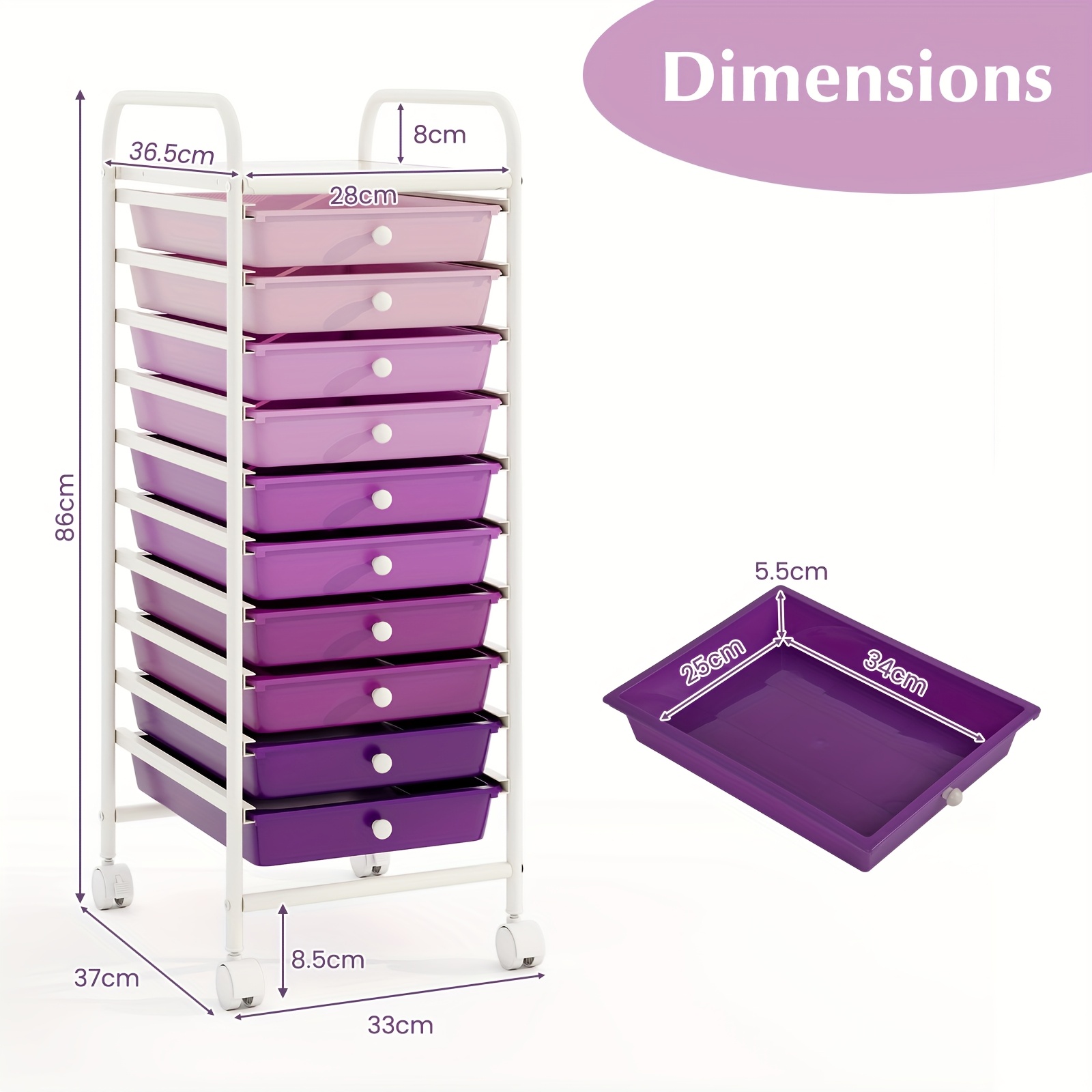 10-drawer Trolley With Lockable Casters, Storage Cart With Removable Drawer, Household Multifunctional Organizer, Metal Frame Mobile Utility Cart With Handle, Office Supplies Storage, Purple And Pink