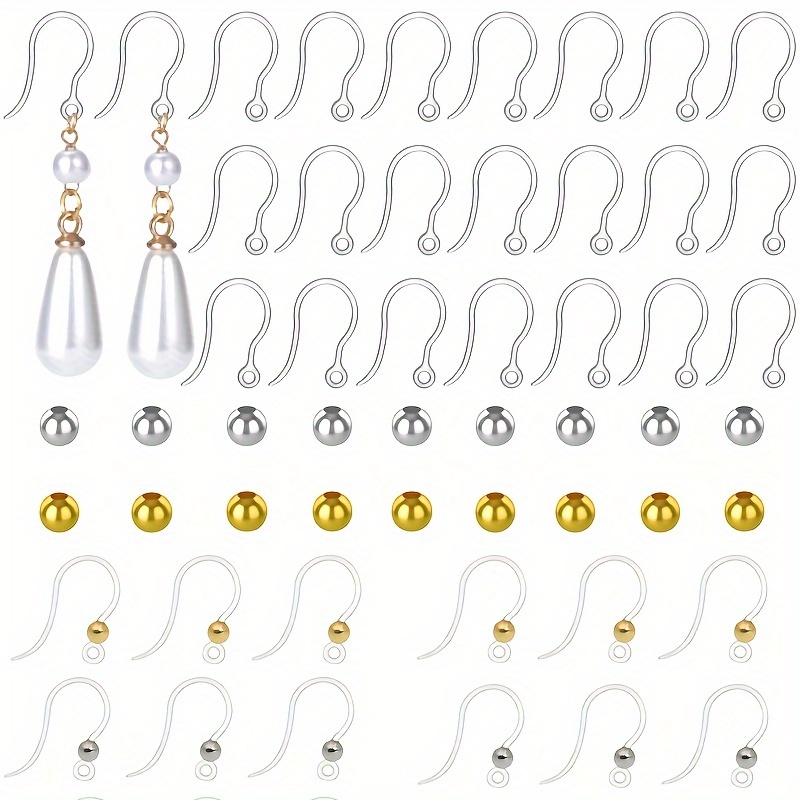 

100pcs/50pairs Silicone Fishing Line Ear Hook + 100pcs Golden 100pcs Silvery 4mm Round Beads, For Handmade Jewelry Making Accessories