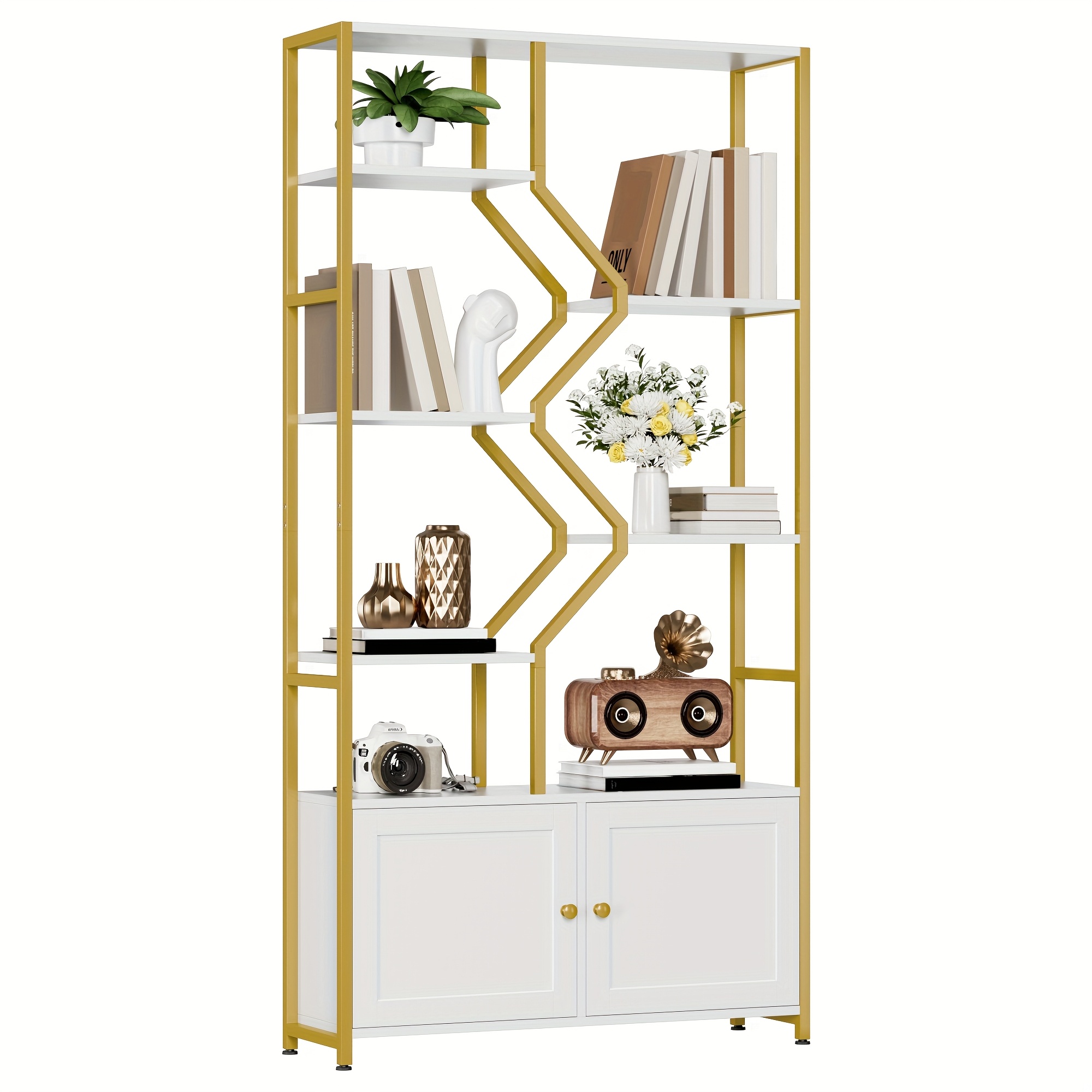 76'' Tall Industrial Bookshelf with Doors, Display Large Bookcase With Storage and Organization Cabinet, Unique Geometric Metal Frame Design, Sturdy Wooden Shelves, Organizer for Library, Living Room, Bedroom, Office, White and Golden/Brown and Black