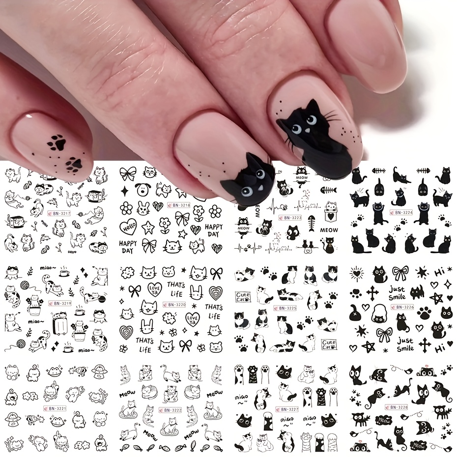 

12pcs Whiskerwonders Black Cat Nail Stickers, Cartoon Animal Theme Self-adhesive Nail Art Decals Heart & Glitter Accents, Plastic Surface Glossy , Disposable Water Sliders For Valentine's Manicure