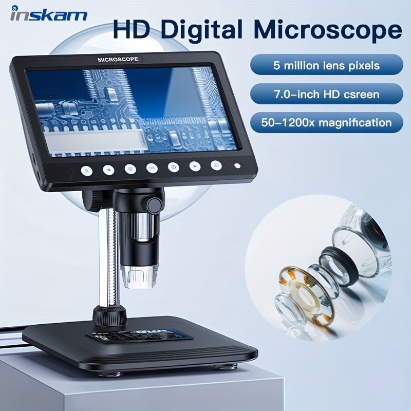 

Inskam 7-inch Hd Digital Microscope 50-1200x Magnification, 5mp Lens With 8 Led Lights, 178° Wide Ips Screen, Photo & Video Capture, Ideal For Education, , Coin Studying