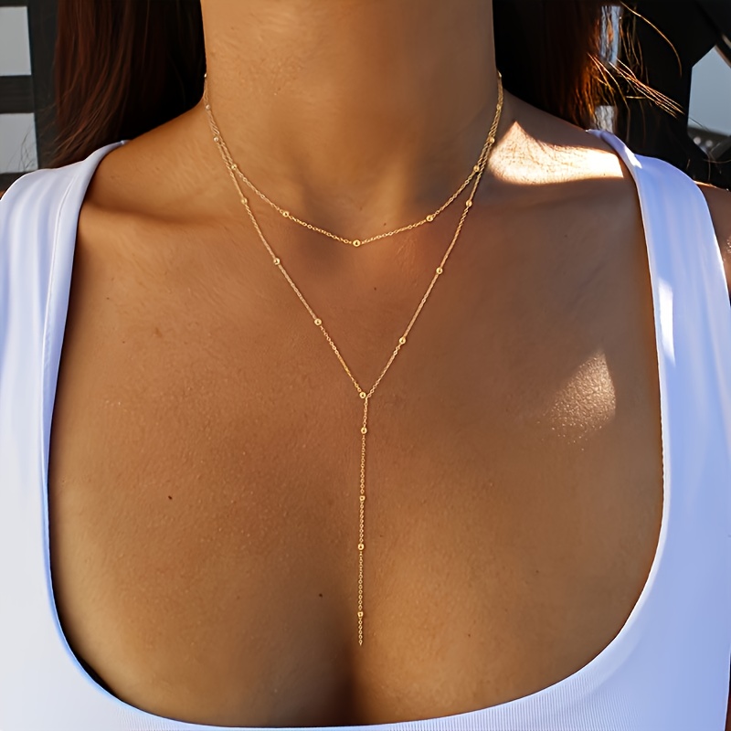 womens   geometric tassel bead clavicle necklace multi layer   necklace creative long style jewelry