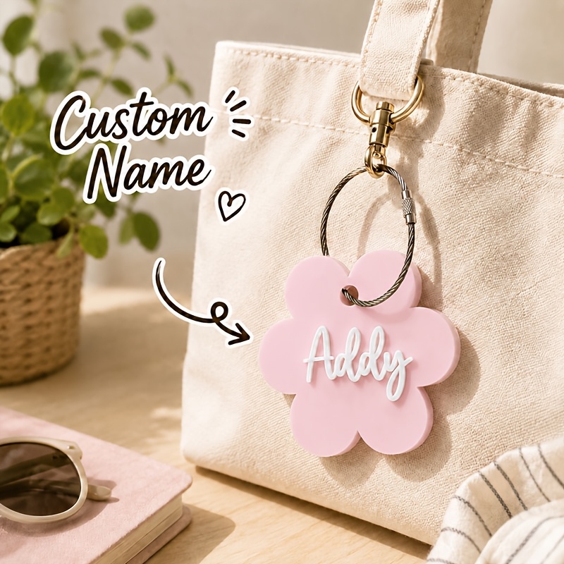 TEMU [2d Flat] [customized] 1pc Custom Personalized Text Name Acrylic Flower Keychain Wire Cable Loop Luggage Tag Backpack Tote Bag Accessory Pendant