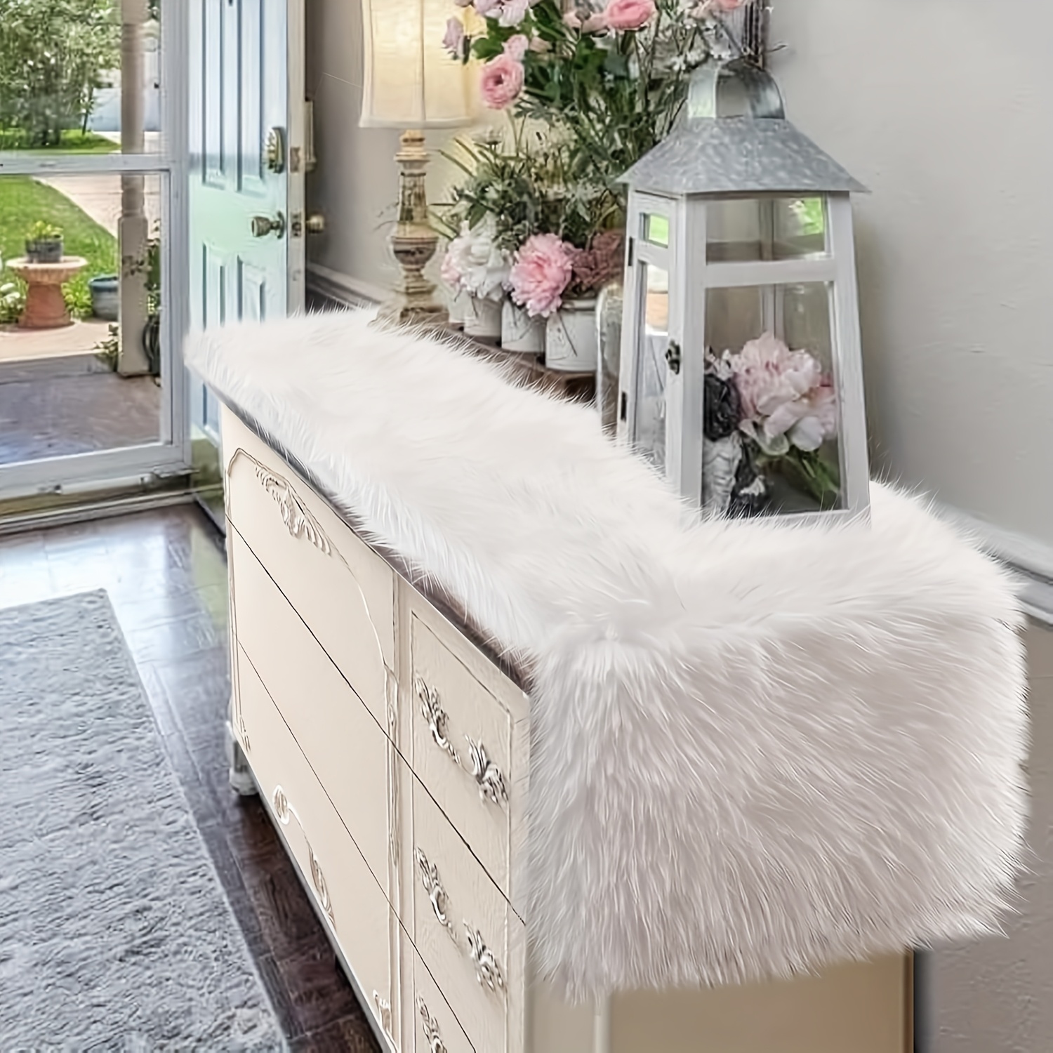 E-shop Rosa dekorative Schminkkommode-Matte aus kuscheligem Kunstpelz, verdickter Plüsch-Tischläufer, geeignet für Schlafzimmer, Couchtisch,