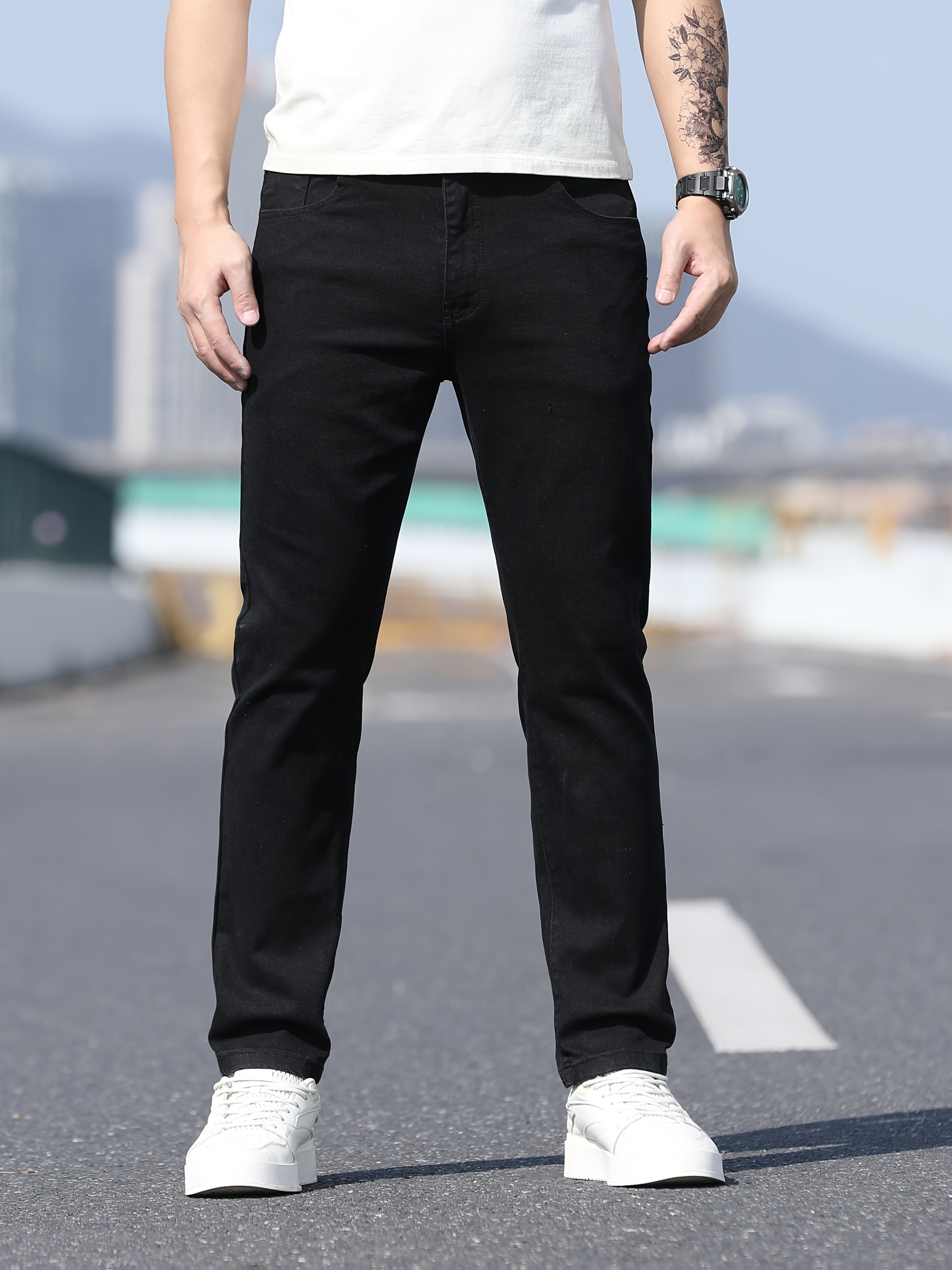 2025 New Men'S Slim Fit Stretch Denim Jeans - Mid-Stretch Water-Washed Black Casual Pants with Built-In Zipper, All-Season Comfort & Hand Wash Care, Casual Wear Jeans | Slim Fit Jeans | Durable Fabric
