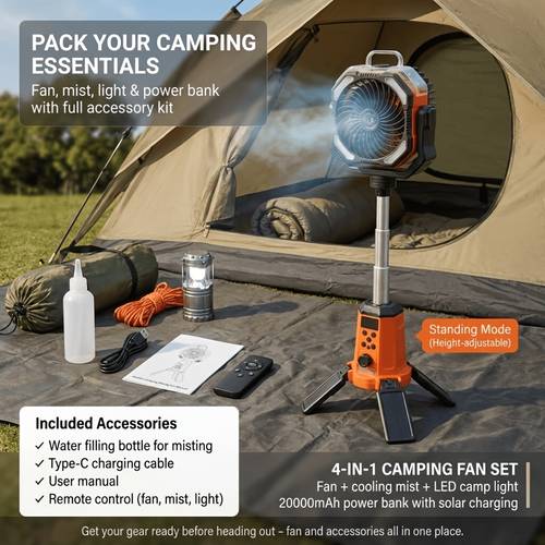 solar charging 20000mah camp ready portable fan with humidifying mist function features 5 led lights emergency power supply power bank capabilities adjustable fan speed from hook design essential for outdoor travel and camping gear