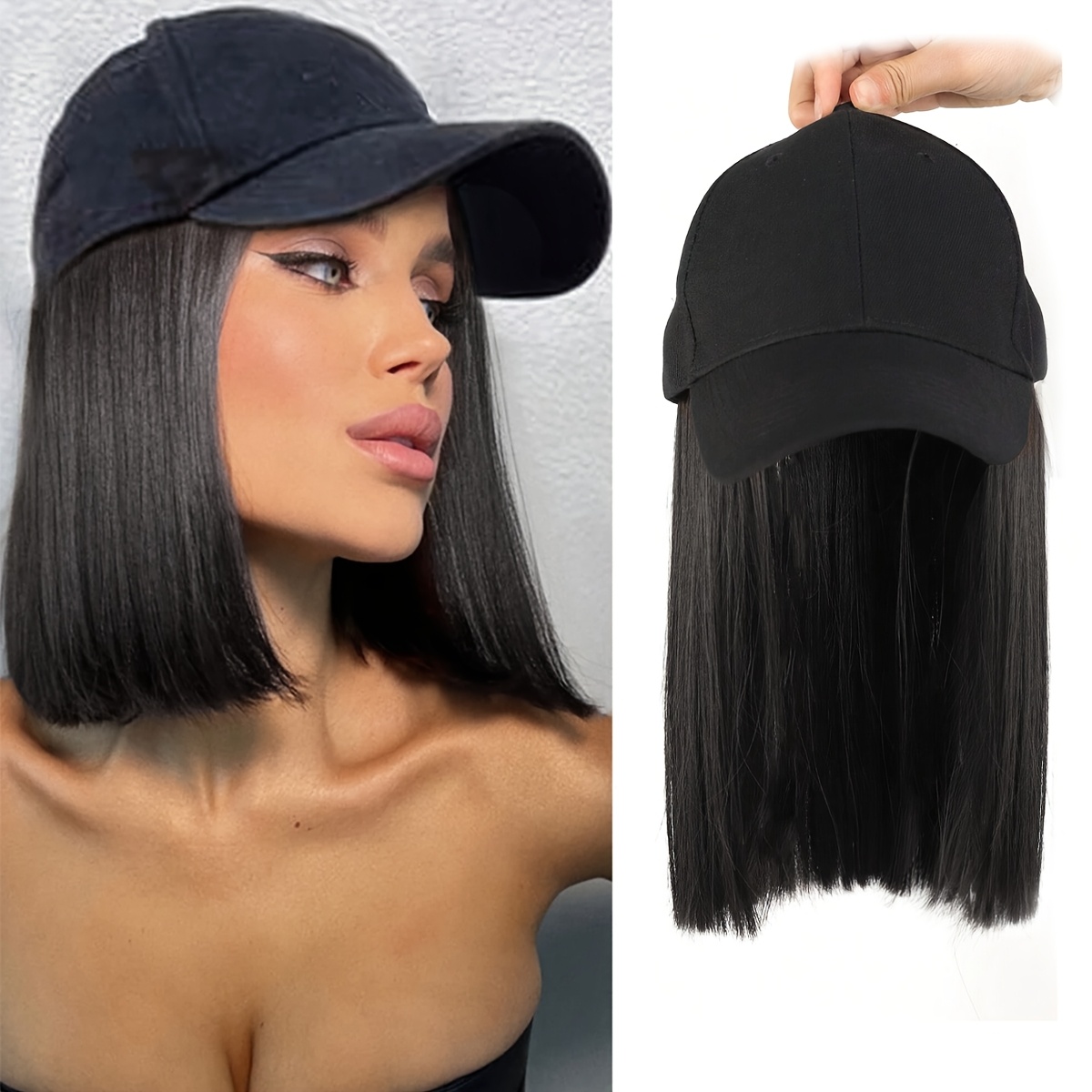 

10 Inch Synthetic Straight Hair Black Baseball Cap For Women, Heat Resistant Fiber Hat Suitable For Daily Casual Use