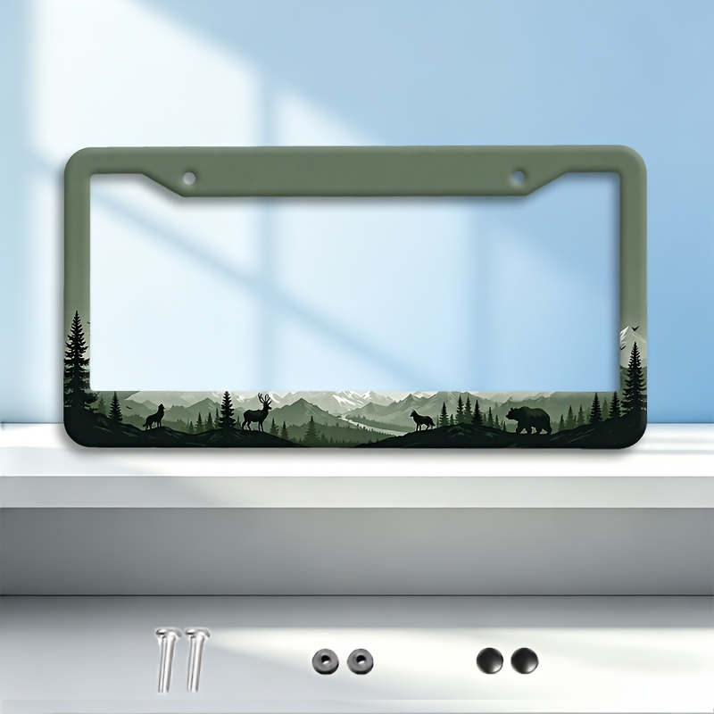 TEMU 1pc Aluminum License Plate Frame Forest Deer Bear Wildlife Silhouette Landscape, Durable Aluminum Material, Sturdy And Long Lasting, Unique Car