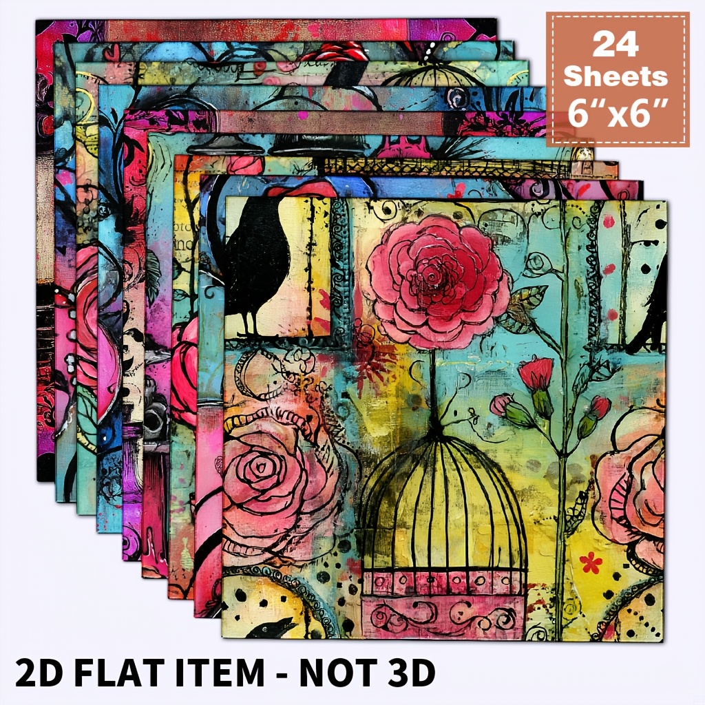 TEMU 24 feuilles de papier scrapbooking vintage graffiti rose 6X6 pouces, collage de journal, création de cartes, matériel pour divers d'artisanat