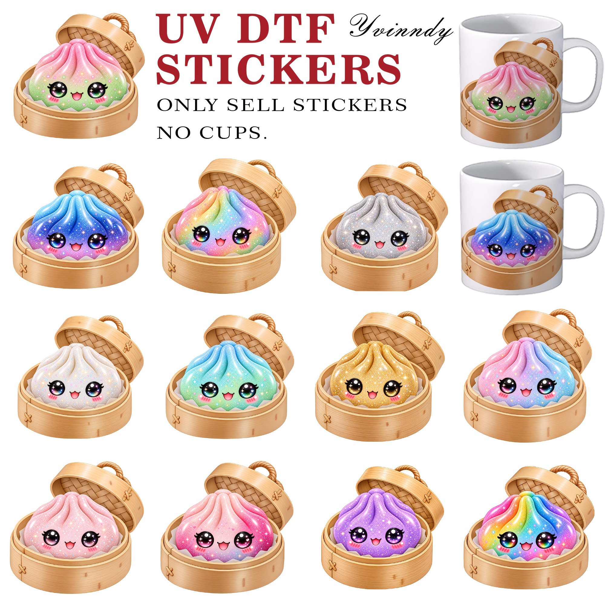 TEMU Lot de 12 pièces/set Raviolis Pailletés DIY UV DTF pour Impression sur Tasses, Étiquette Cristal Autocollante Imperméable UV DTF pour Emballage