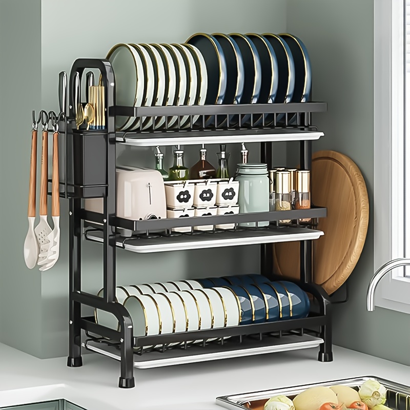 

Space-saving 3-level Kitchen Dish Rack With Drain Board - Carbon Steel With Cutlery And Cup Holder, Countertops Or Sink