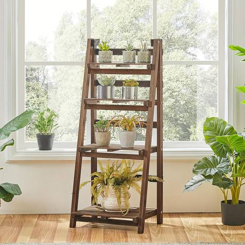 4 tier wooden foldable ladder shelf indoor outdoor tall ladder plant stand shelf wooden step magazine holder book rack display rack for small potted plants flowers succulents garden patio lawn decors