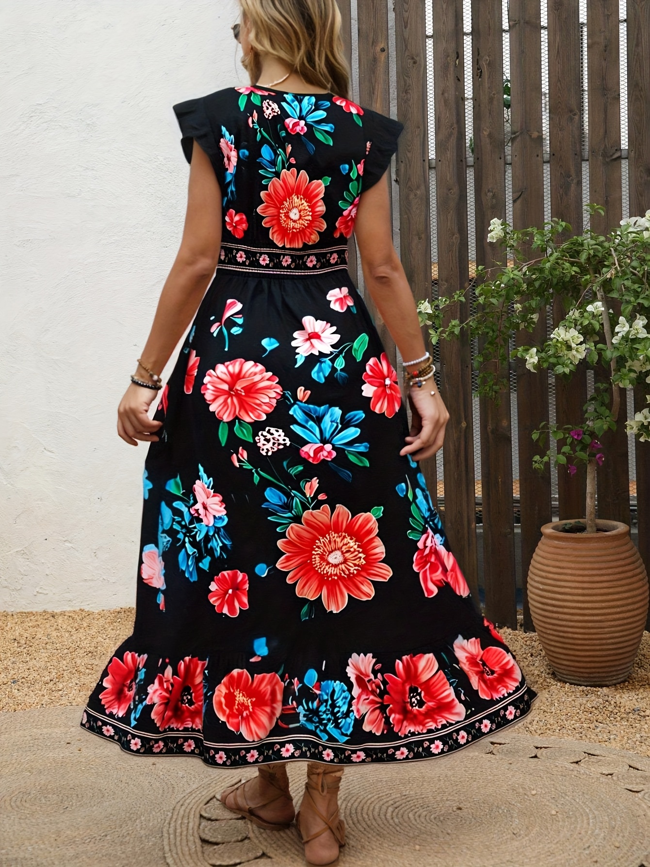 womens floral print maxi dress flared hem a line party vacation formal events red floral   machine washable non stretchy elegant floral dress for women tea party attire nonstretch fabric Product details 1