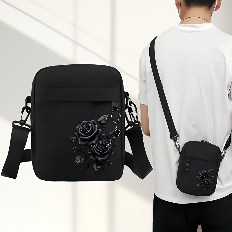 TEMU 1pc Large Capacity Minimalist Black Rose Print Body Bag With Adjustable Strap & Chain Detailing - Lightweight Zipper Closure Shoulder Purse