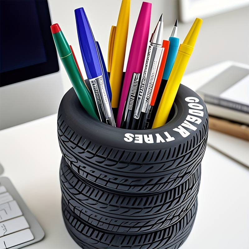 Top pick1/2pcs Fun Tire-Shaped Pen Holder - Durable Black PVC Desk Organizer with Letters, Suitable for School and OfficeOpen in new tab.