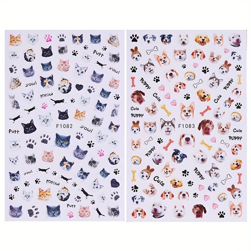 2 Sheets Of Cute Cat And Dog Nail Stickers Featuring Adorable Cartoon Print Designs, Self-adhesive Nail Decals For Fun Nail Decoration, Suitable For Women's And ' Nail Art Supplies