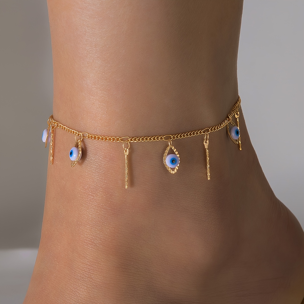 1pc Fashionable And Drip-enamel Evil Eye Pendant Anklet, Geometric Floral Rod Tassel Pendant Anklet, Suitable As A Gift For For Vacations And Parties