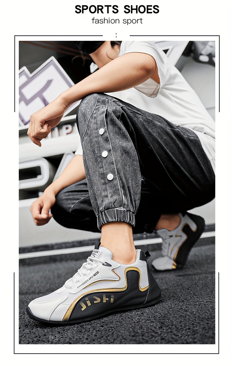 Tenis elegantes para hombre en blanco y dorado - Zapatos transpirables y cómodos para caminar con absorción de impactos, suela de PVC duradera y cierre de agujetas, ideales para uso casual, correr y actividades al aire libre, calzado casual | Tenis con agujetas elegantes | Zapatos cómodos para caminar
