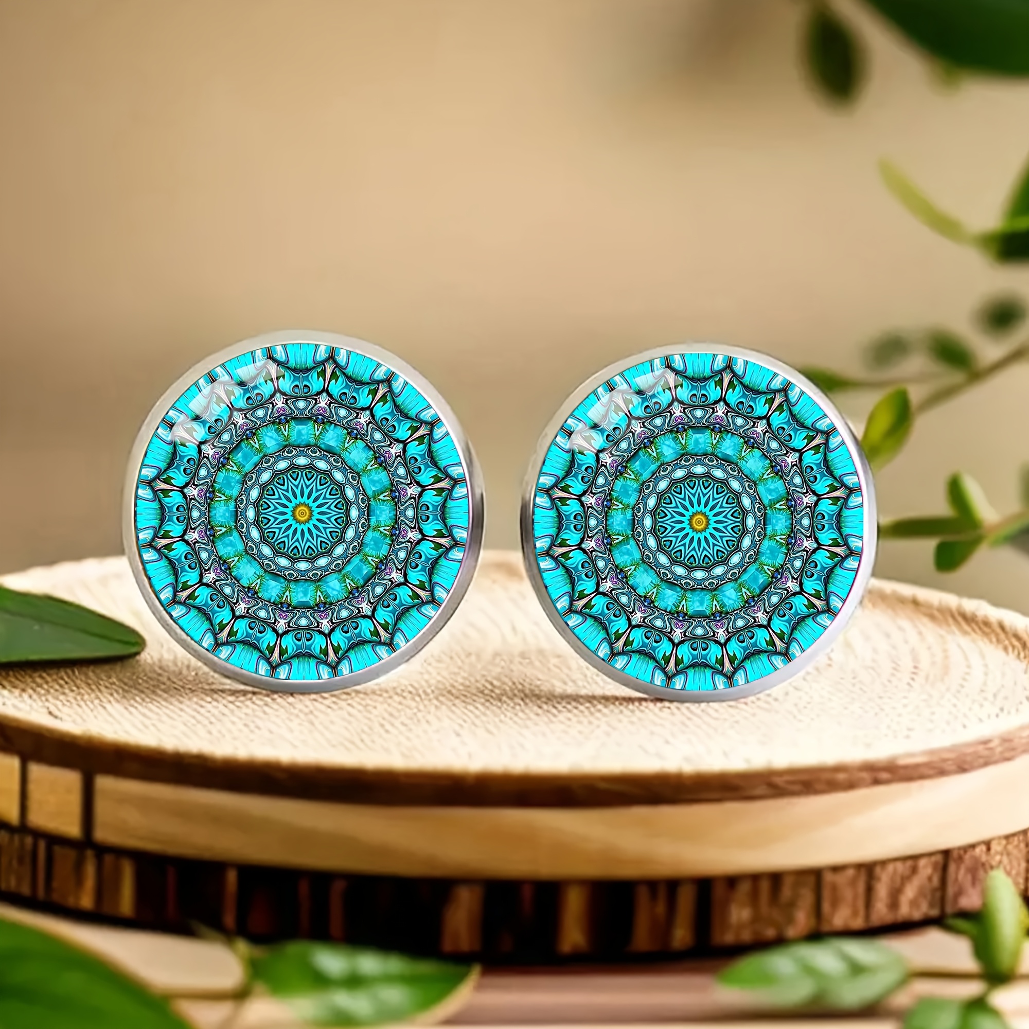 

1 Paire de Boucles d'Oreilles Élégantes en Acier Inoxydable avec Mandala Bleu - Design en Verre Intricat, Parfaites pour les Fêtes & Tenues Décontractées, Cadeau d'Anniversaire Idéal pour