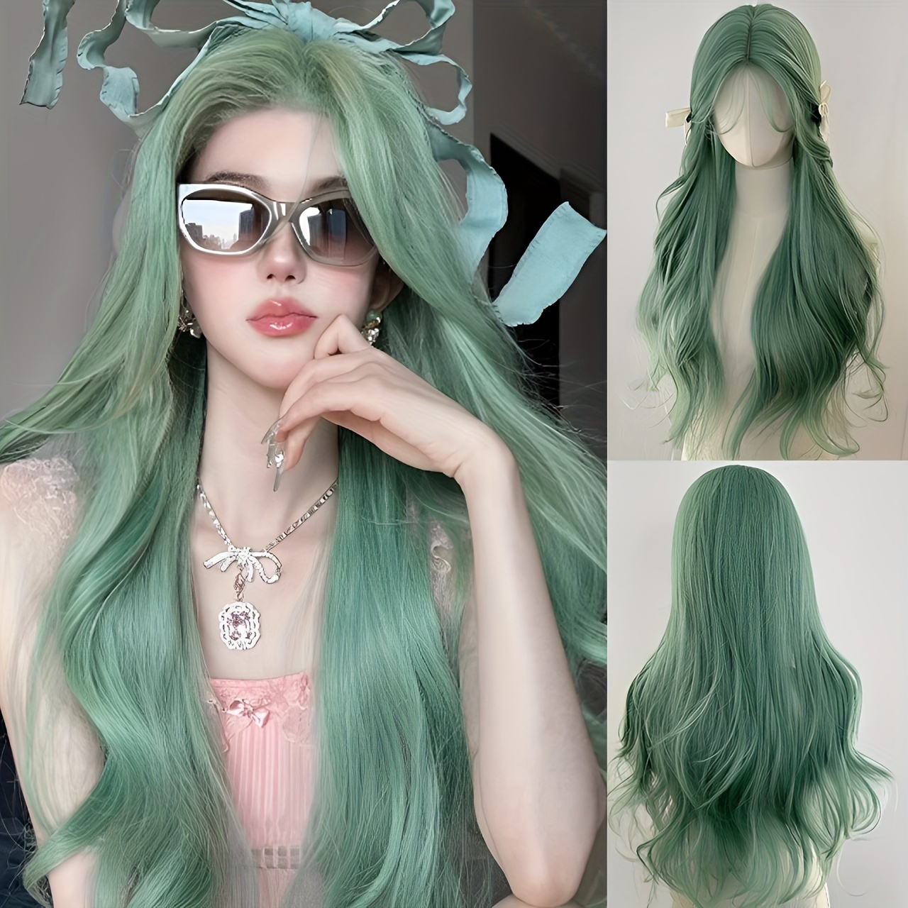 

Elegant 24 Inch Mint Green Long Straight Wig For Women - Versatile Cosplay & Daily Use, High-density Synthetic Hair With Elastic Cap