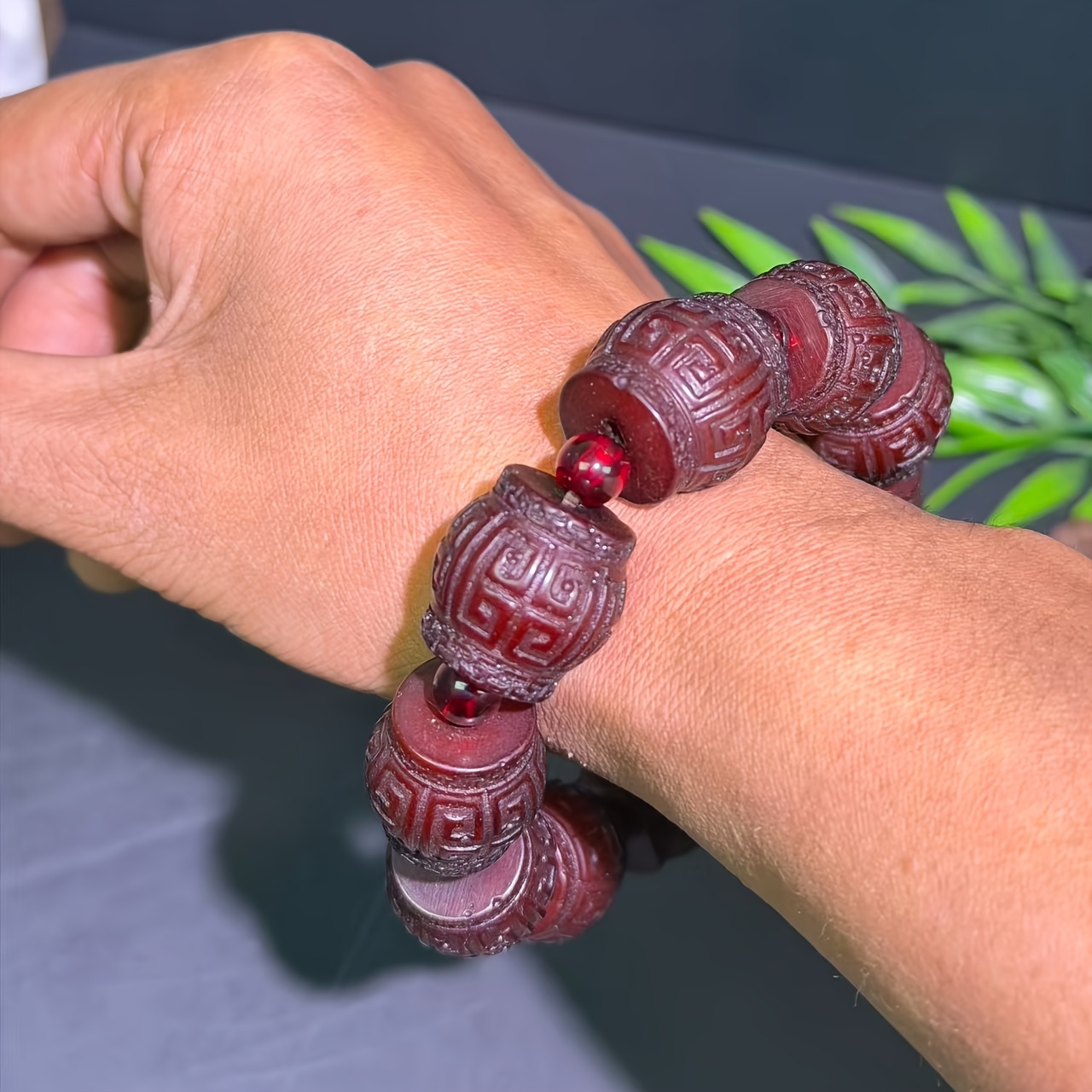 Unisex Natural Amber Bead Bracelet, Old Wax Carving Style