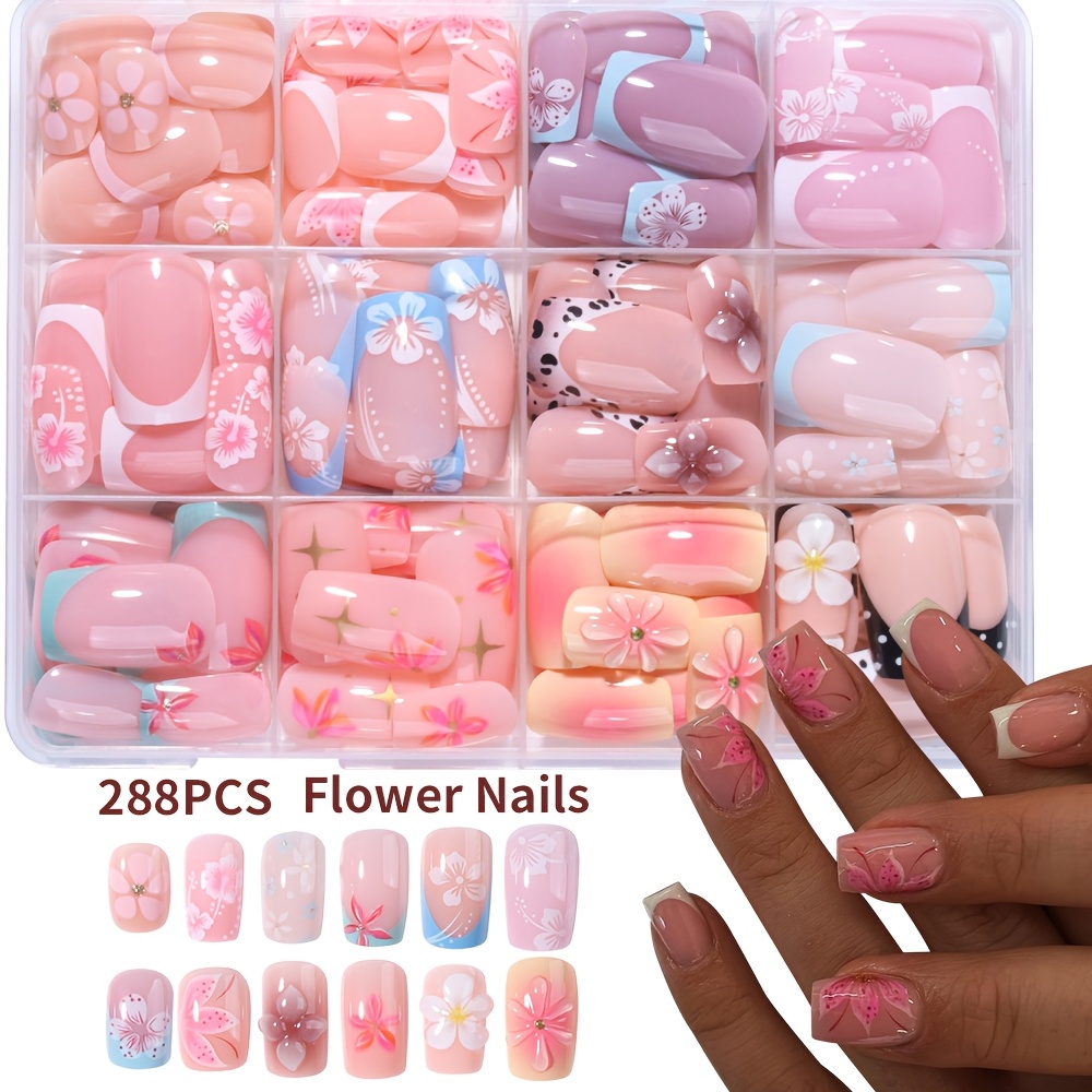 Image of 288pcs Short Square & Round Press-on Nails Suitable For Hands/feet - Nude Transparent Base With 3 Cherry , High-gloss Fake Nails Suitable For Commuting, Dating, Daily Wear, Spring, Tips