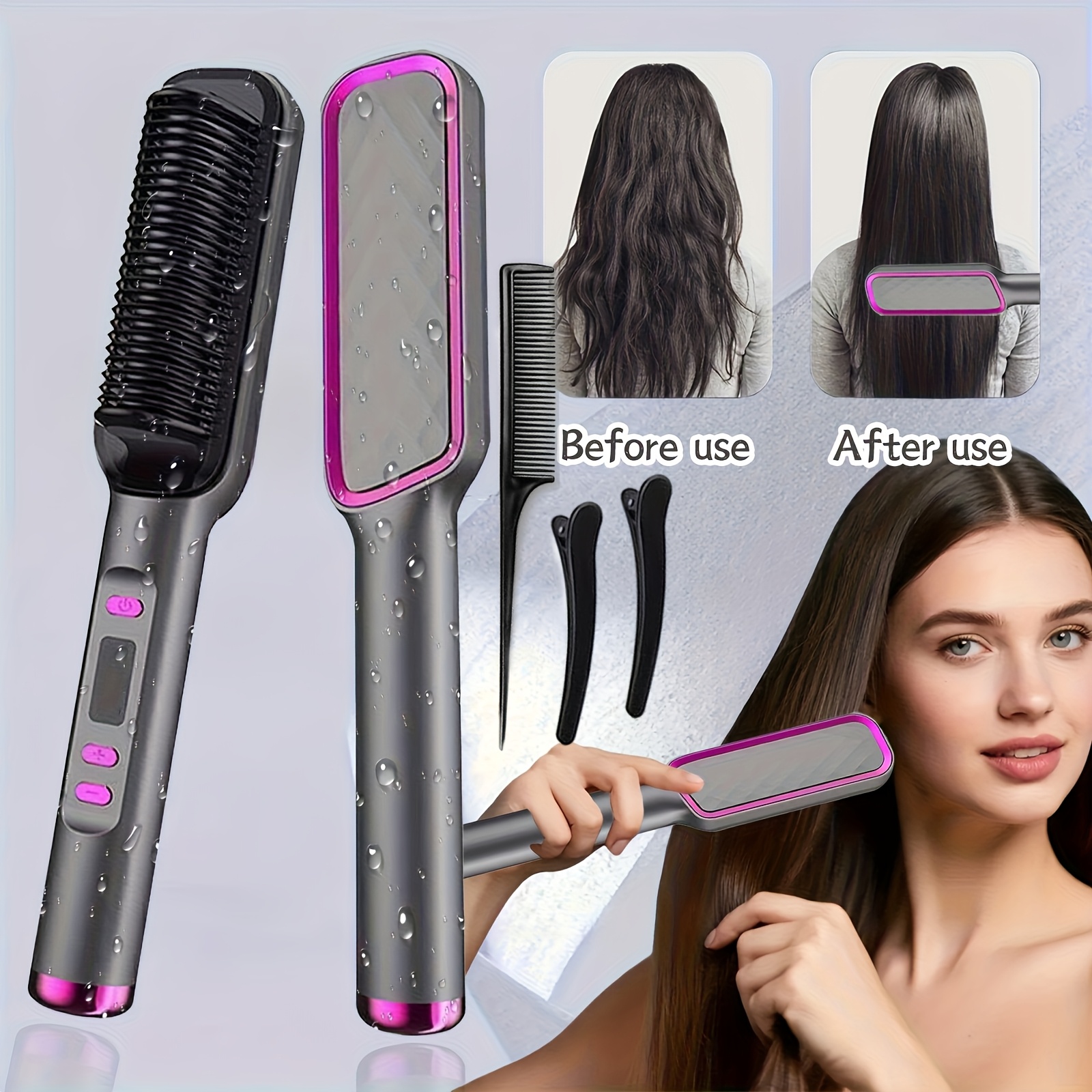 TEMU 2in 1 Curling Hair Straightener, 35s Fast Hair Straightener, Women's Hair Straightener, Lcd Display Hot Brush Hair Straightener With Negative