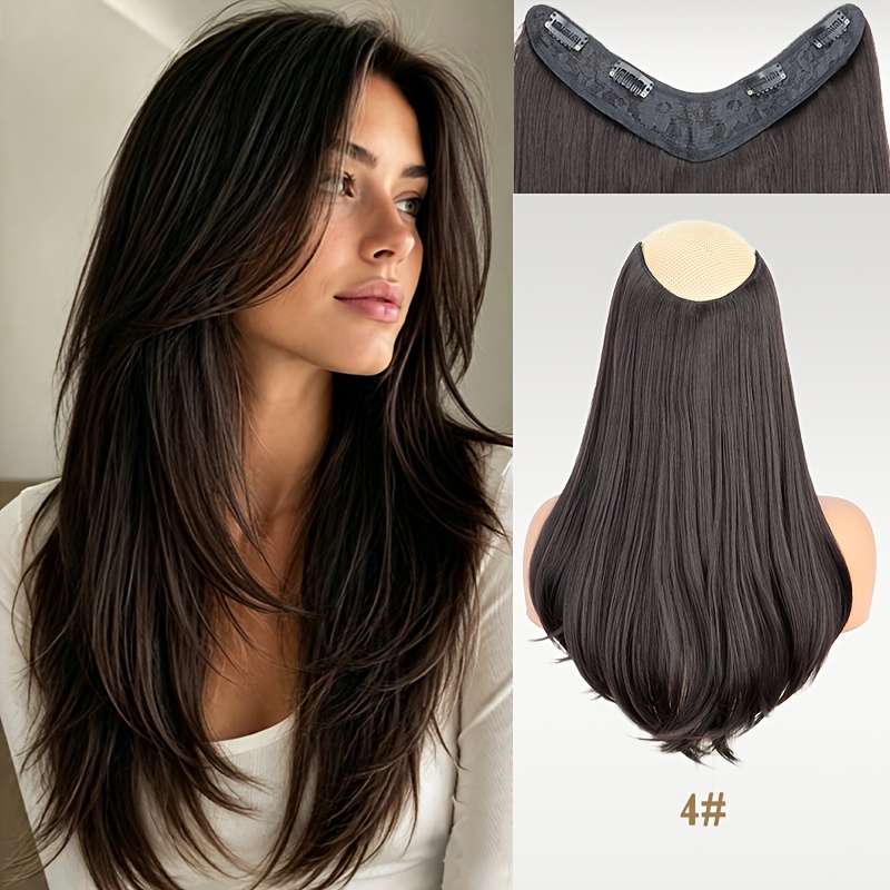 TEMU Extensions de cheveux synthétiques et raides avec en V invisible – 4 pinces sécurisées, couvre toute , volume naturel, fibre résistante à la