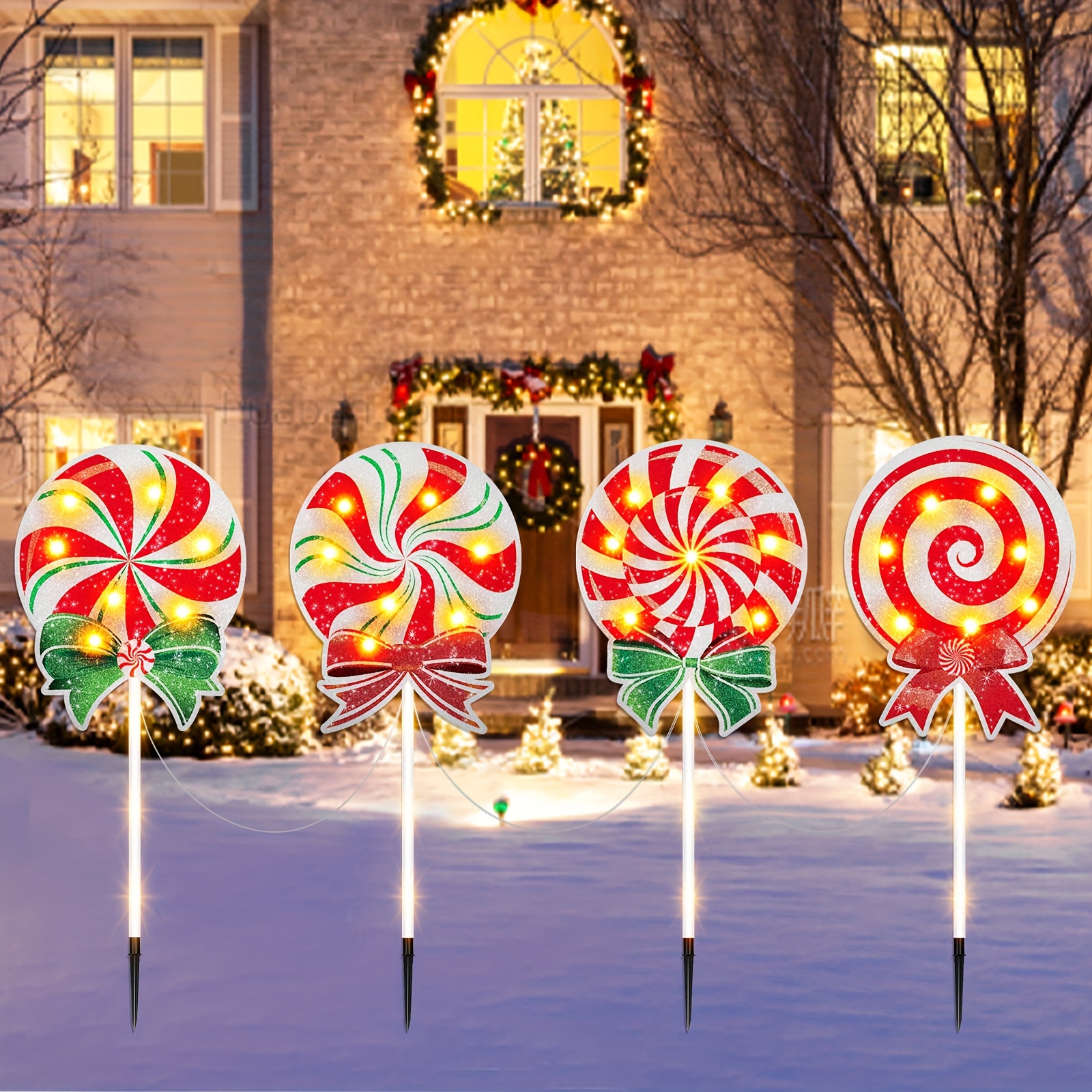 

4pcs, Christmas Candy Outdoor Lawn Yard Sign Snow Lollipop Led 8 Modes Flashing Lights Stakes Also Glow, Finish, 6 Hour Timer Switch Holiday Party Decorations Patio Insert Signs