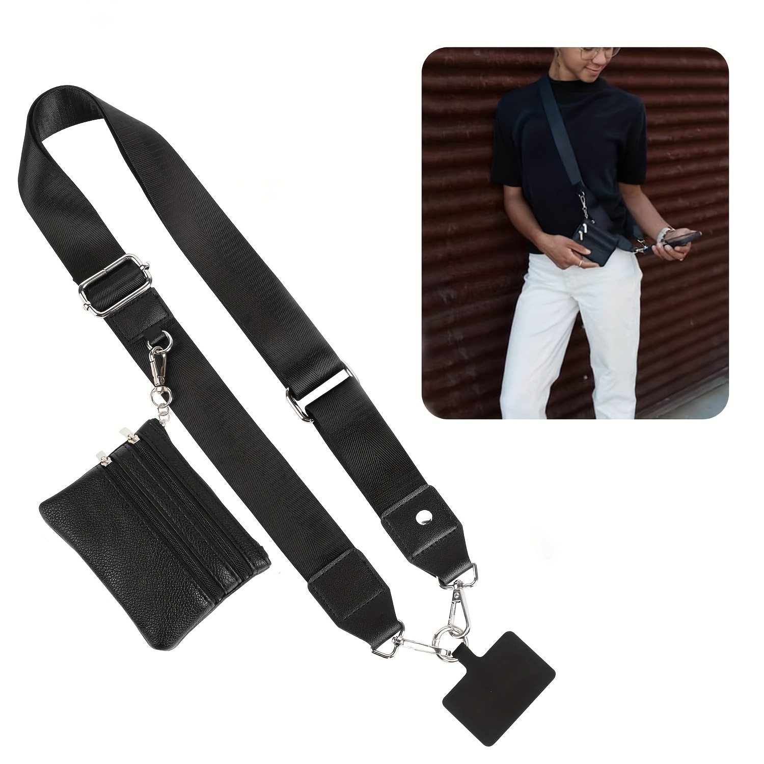 

Adjustable Leather Phone Strap With Zippered Pouch, Fashionable Chain Anti-theft Crossbody Lanyard, Women' Accessory, No Print, Oil, Washable - Black