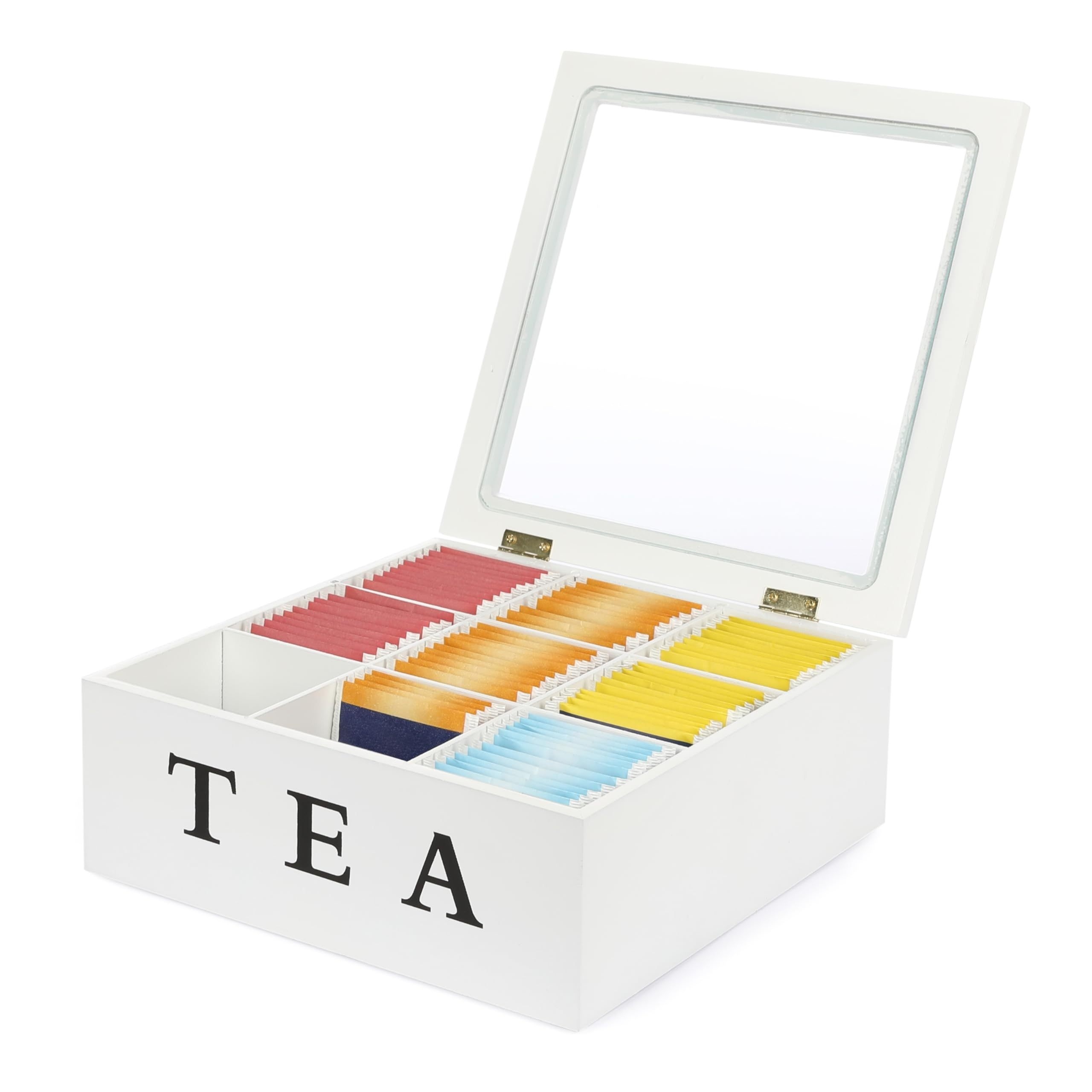 

Elegant White Tea Storage Box With Glass Lid - 9-compartment Organizer For Tea Bags, Rectangular Design, Ideal For Kitchen Cabinet Display, Organizer, Storage Boxes For Organizing