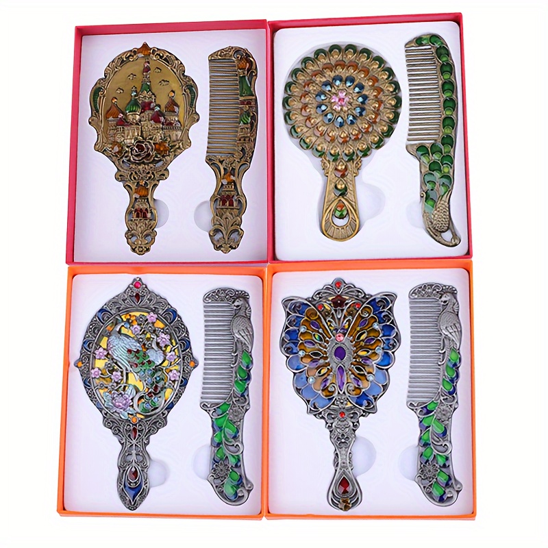 

Vintage-inspired Mirror & Comb Set - Stainless Steel Wide Tooth, Metal Handle, Portable Makeup Mirror For All Hair Types - Ideal Gift Box Set